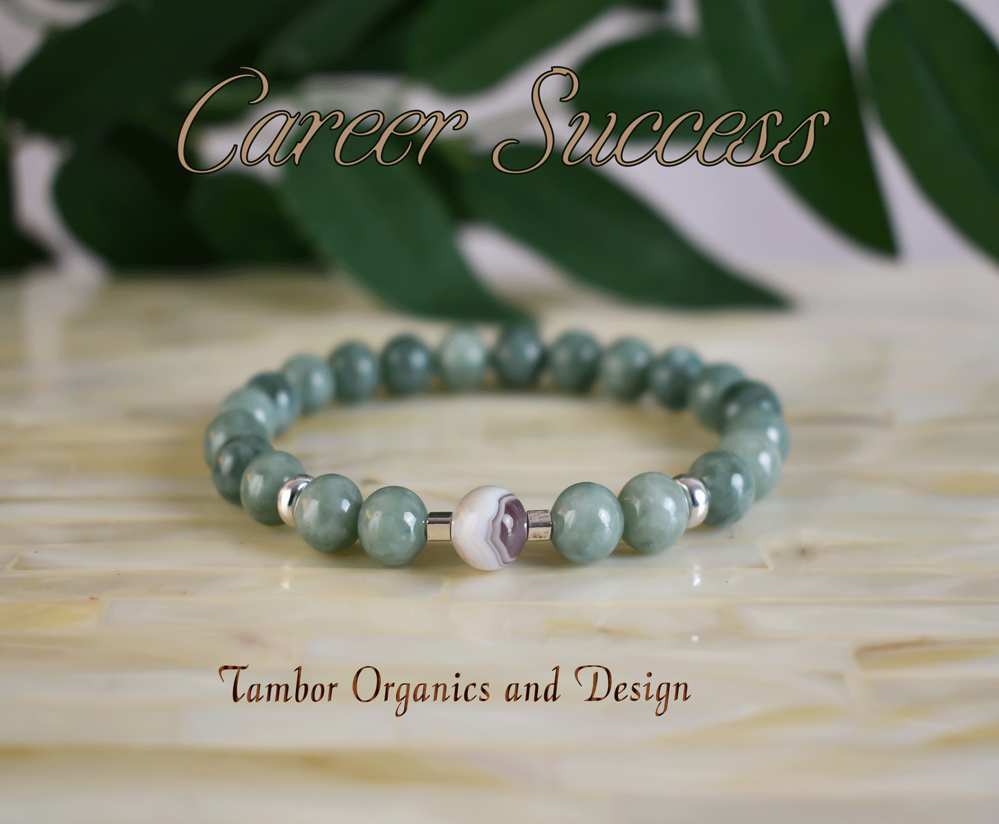 Career Success Bracelet, AAAA Natural Green Jade, AAAAA Natural Botswana Agate, Prosperity, Wealth, Money, Heart Chakra, Libra, Virgo Zodiac