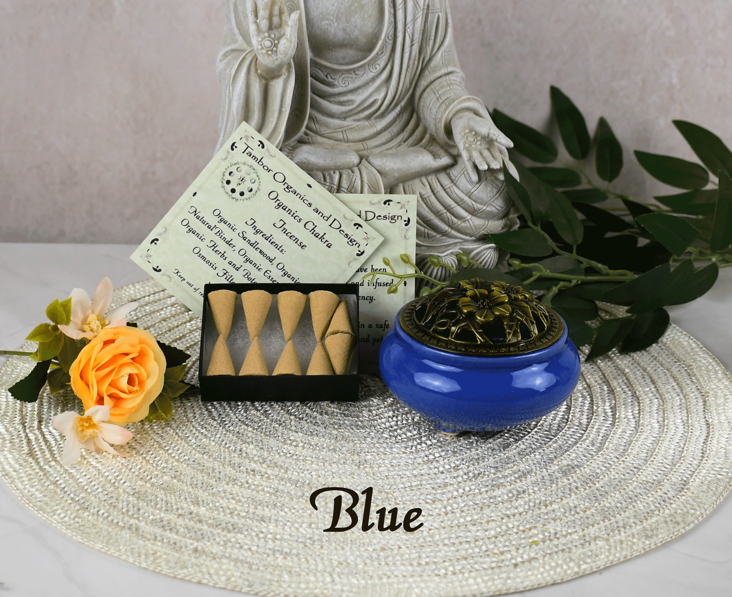 All Organic Chakra Incense Cones with Ceramic Incense Holder - Blue