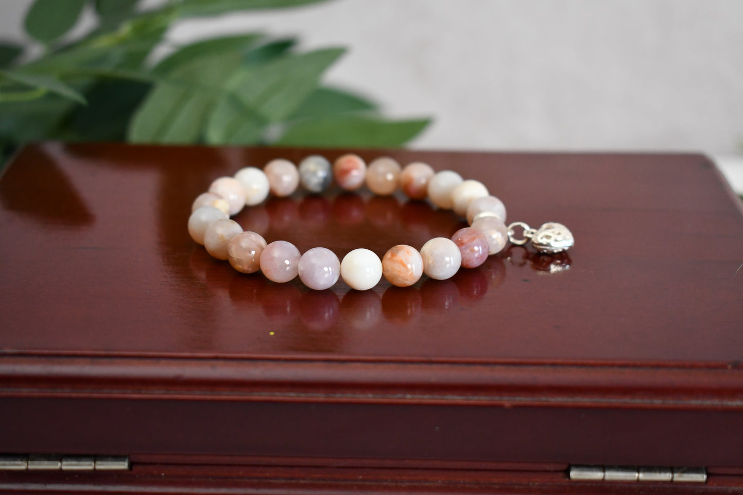 Positivity/Light - Balancing Grounding Bracelet - AAA Quality Australian Agate with .925 Sterling Silver Heart Charm - 8mm