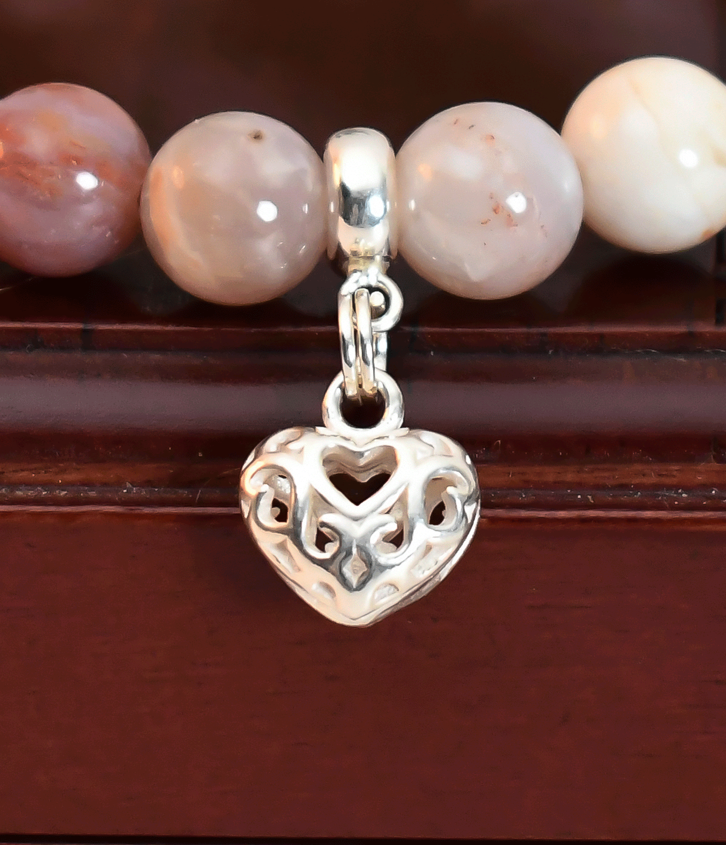 Positivity/Light - Balancing Grounding Bracelet - AAA Quality Australian Agate with .925 Sterling Silver Heart Charm - 8mm