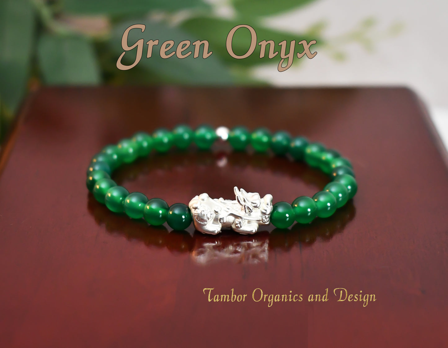 Good Luck - Opportunity Bracelet, AAA Natural Green Onyx with a .925 Sterling Silver Pixiu Center - 6mm