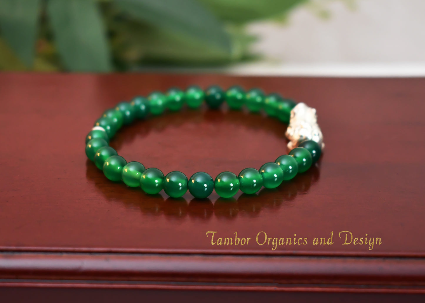 Good Luck - Opportunity Bracelet, AAA Natural Green Onyx with a .925 Sterling Silver Pixiu Center - 6mm