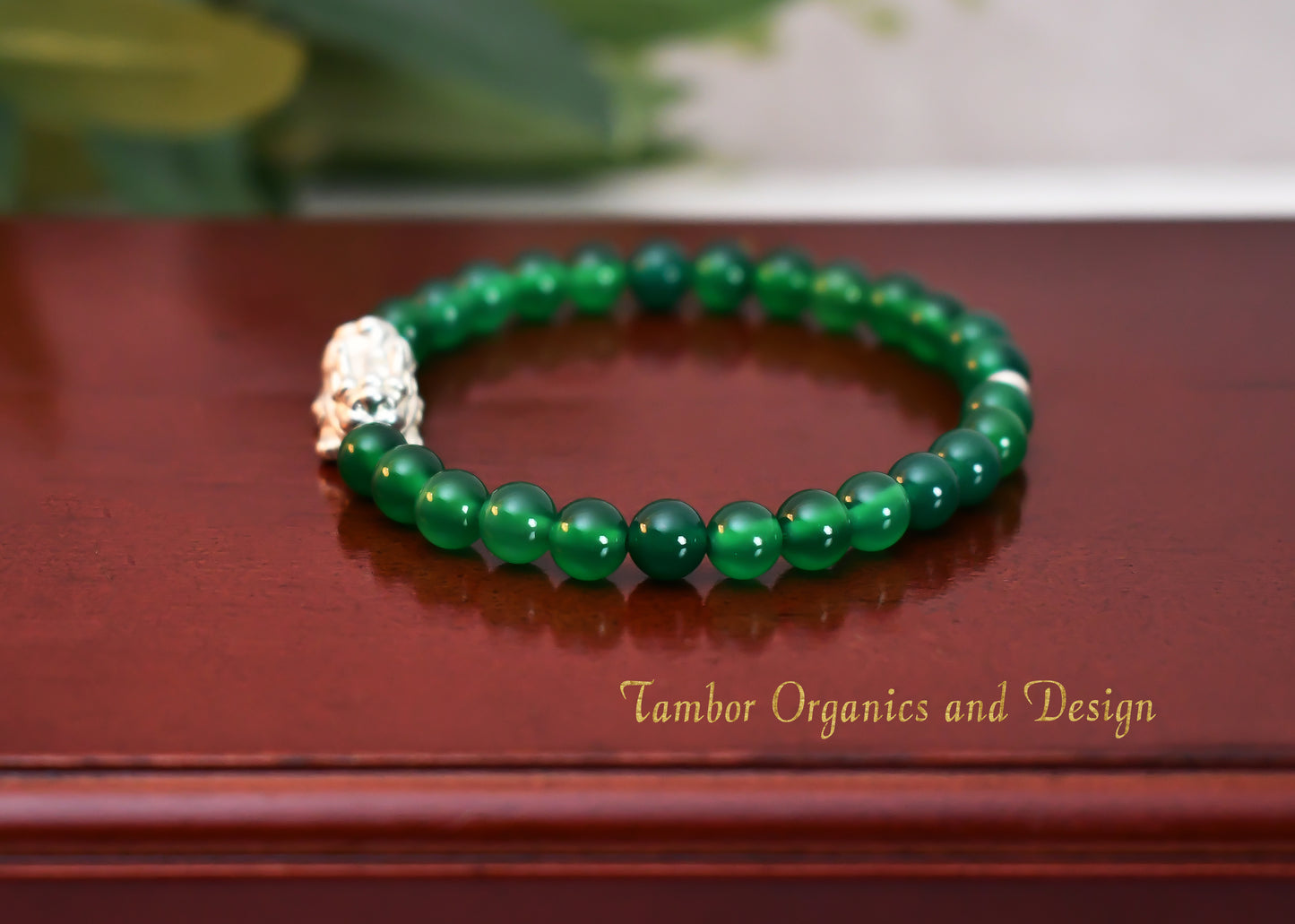 Good Luck - Opportunity Bracelet, AAA Natural Green Onyx with a .925 Sterling Silver Pixiu Center - 6mm