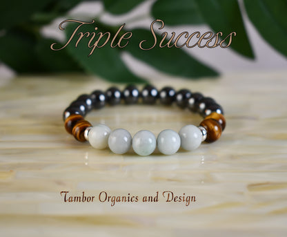 Triple Success Bracelet, AAA Natural Burma Jade, AAA Natural Tiger's Eye, AAA Natural Hematite, Good Luck, Aries, Aquarius, Root Chakra