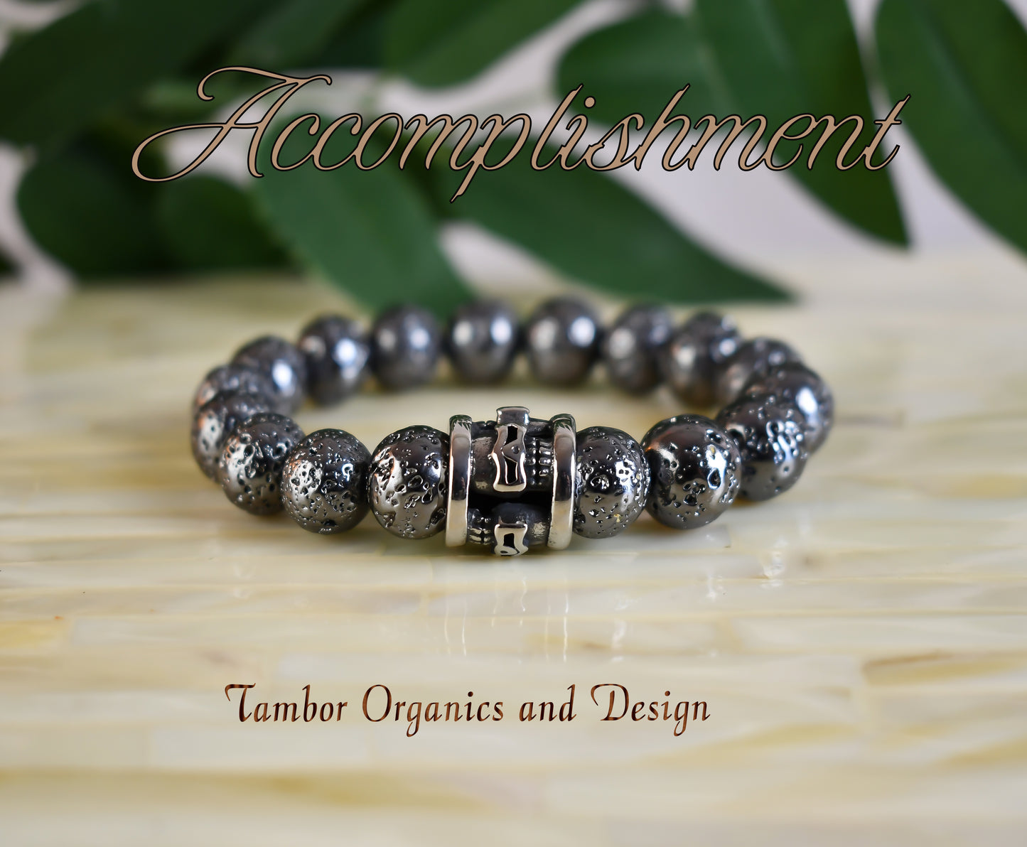 Accomplishment Bracelet, AAA Gun Metal Lava Stone, Stainless Steel Skull, Balance, Cancer, Taurus, Leo, Capricorn, Root Chakra