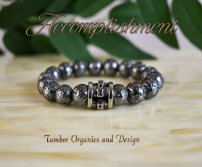 Accomplishment Bracelet, AAA Gun Metal Lava Stone, Stainless Steel Skull, Balance, Cancer, Taurus, Leo, Capricorn, Root Chakra