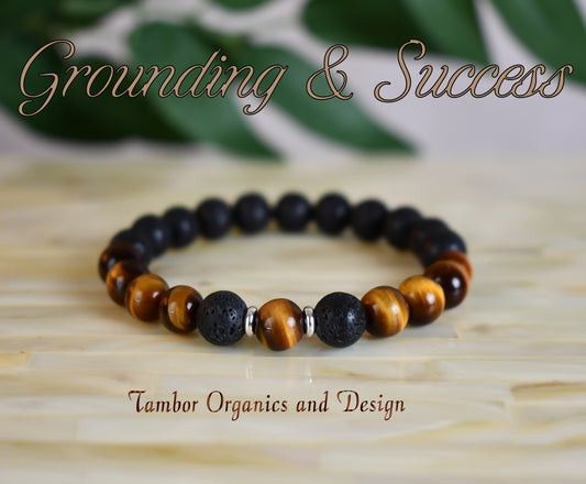 Grounding and Success Bracelet, AAA Natural Yellow Tiger Eye, AAA Natural Lava Stone,  Courage, Leo, Gemini, Solar Plexus, Root Chakra