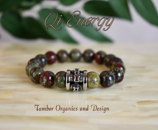 Qi Energy Bracelet, AAA Dragon Blood Jasper, 304 Stainless Steel Skull, Personal Power, Life Force, Scorpio, Leo, Aries, Root, Heart