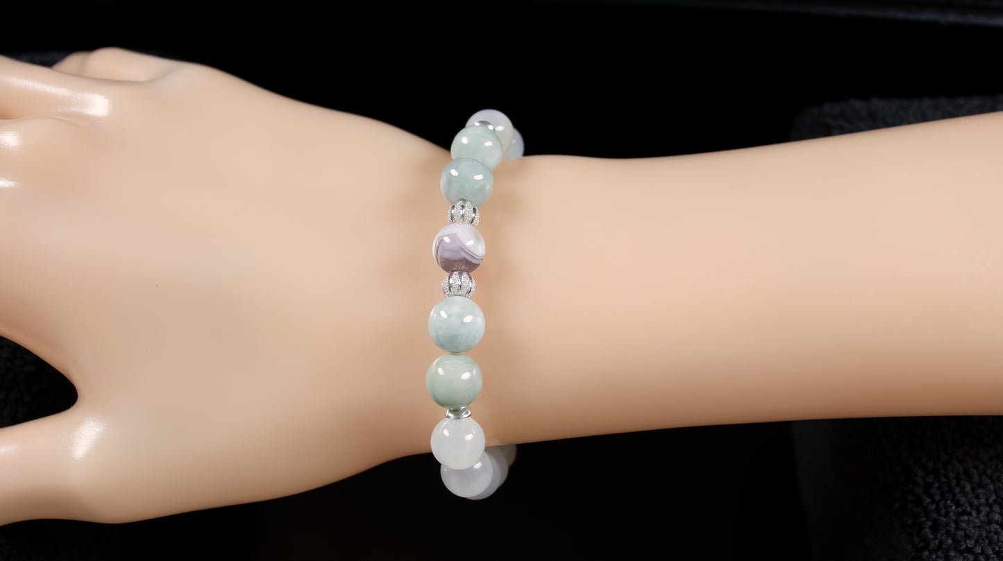 Career Success Bracelet - AAA Quality Botswana Agate/AAA Quality Burma Jade/AAA Quality White Moonstone with .925 Sterling Silver Accents - 8mm