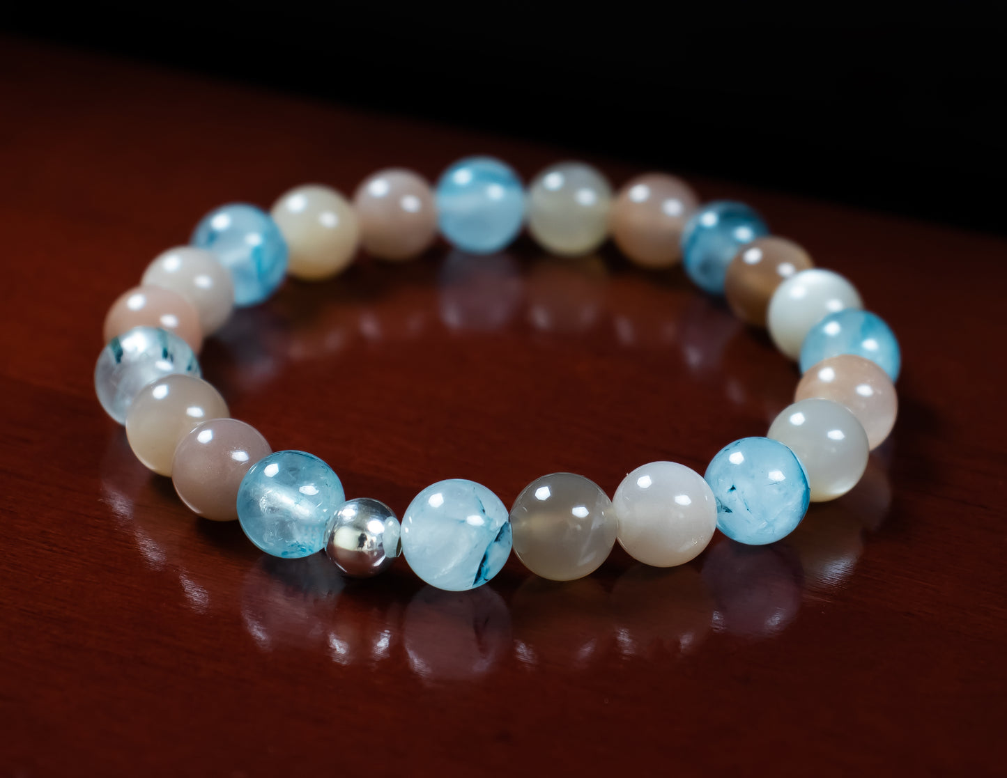 Healing, Balance, and Guidance Bracelet - AAA Quality Rare Blue Rutilated Quartz and AAA Quality Multi Colored Moonstone with .925 Sterling Silver - 8mm