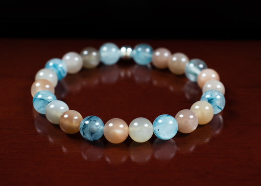 Healing, Balance, and Guidance Bracelet - AAA Quality Rare Blue Rutilated Quartz and AAA Quality Multi Colored Moonstone with .925 Sterling Silver - 8mm