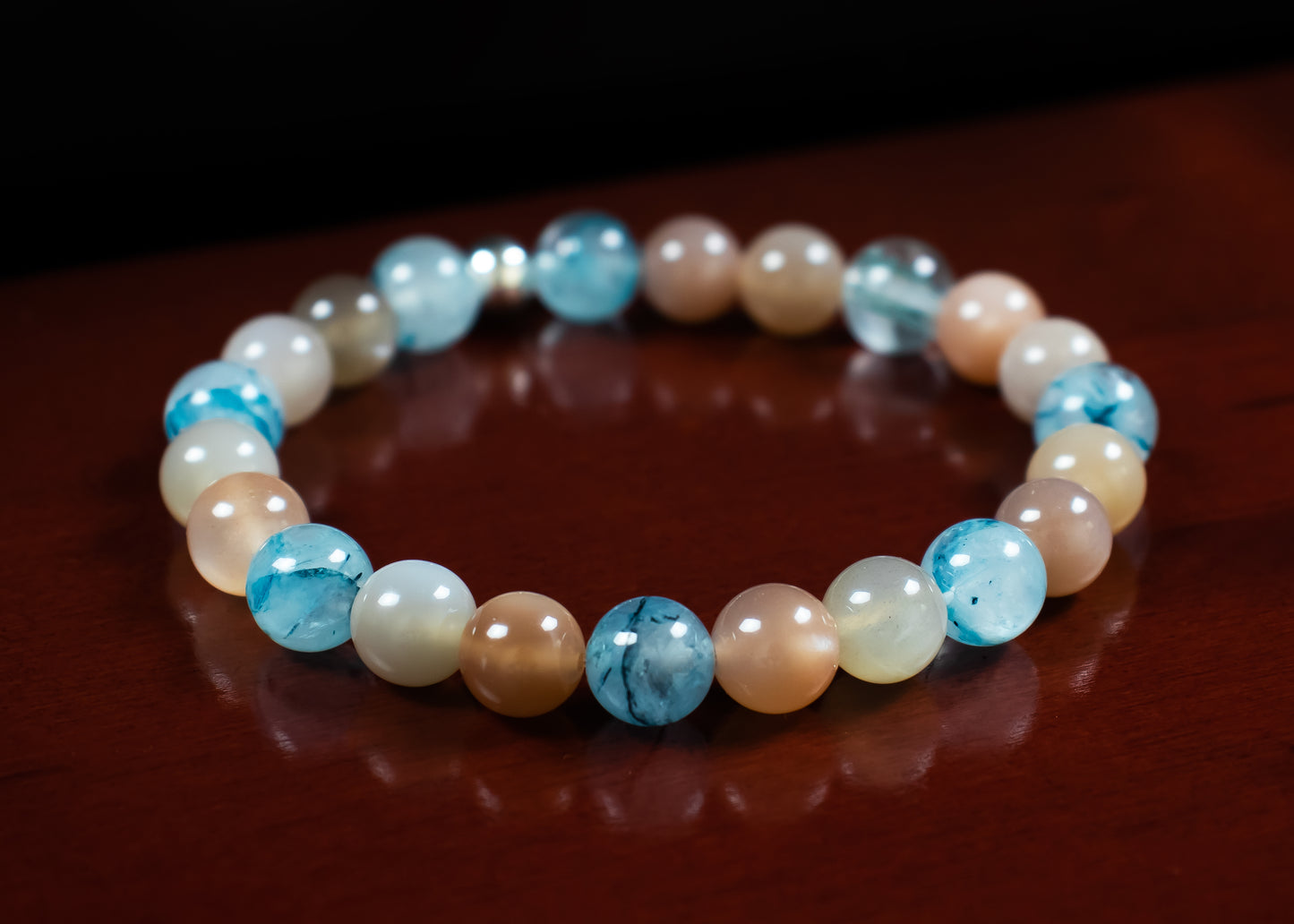 Healing, Balance, and Guidance Bracelet - AAA Quality Rare Blue Rutilated Quartz and AAA Quality Multi Colored Moonstone with .925 Sterling Silver - 8mm