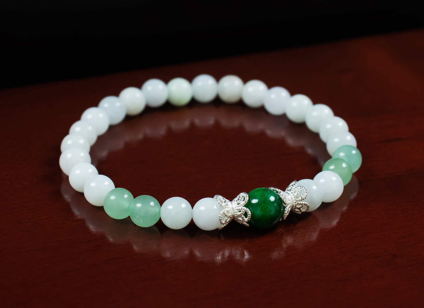 Triple Good Fortune and Confidence Bracelet - AAA African Jade, AAA Burmese Jade, and AAA Green Aventurine with .925 Sterling Silver Floral Bead