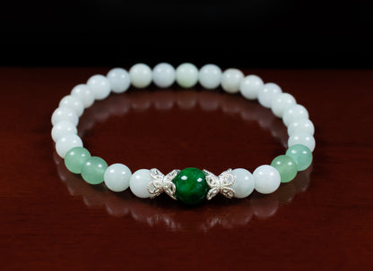 Triple Good Fortune and Confidence Bracelet - AAA African Jade, AAA Burmese Jade, and AAA Green Aventurine with .925 Sterling Silver Floral Bead