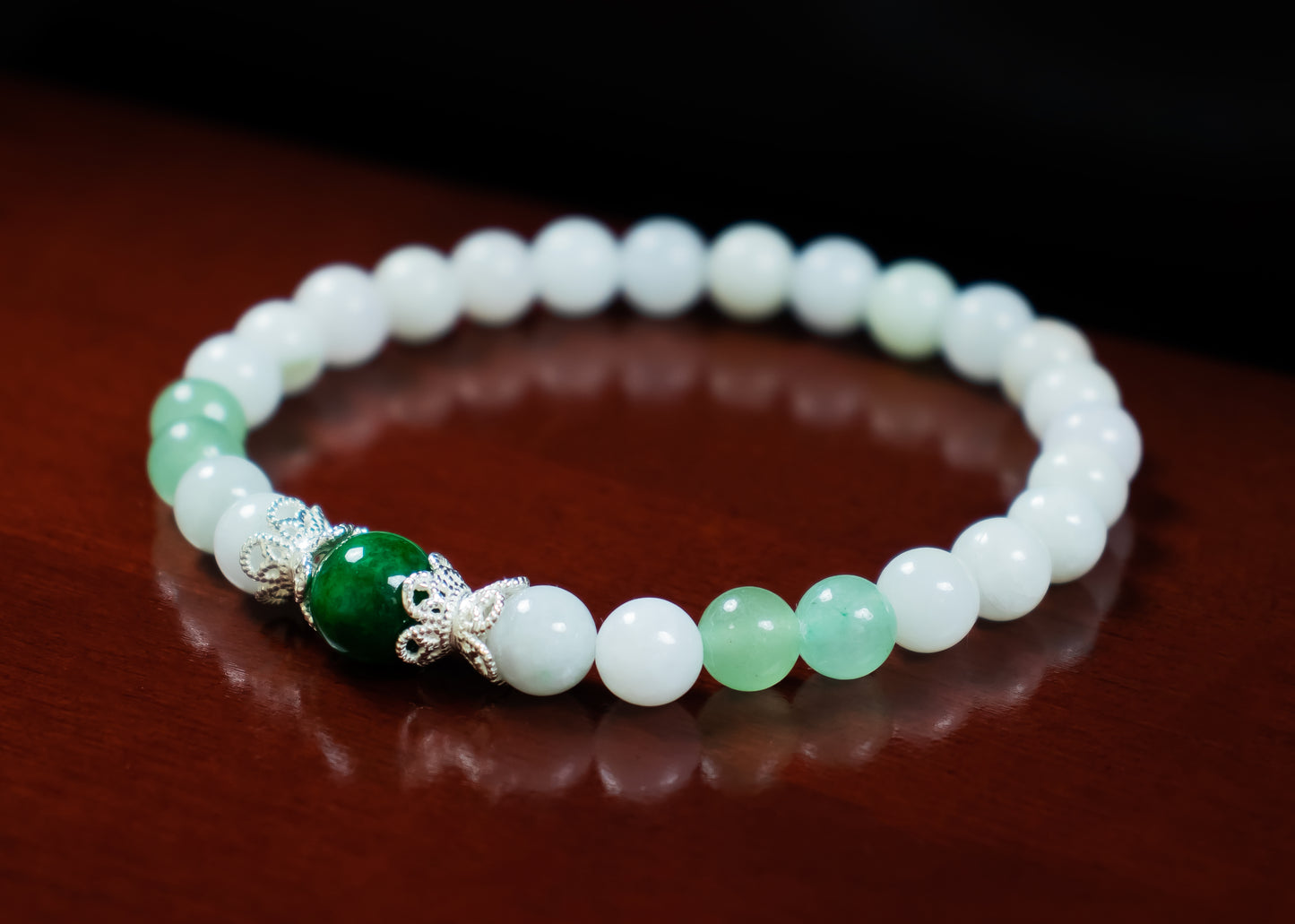 Triple Good Fortune and Confidence Bracelet - AAA African Jade, AAA Burmese Jade, and AAA Green Aventurine with .925 Sterling Silver Floral Bead