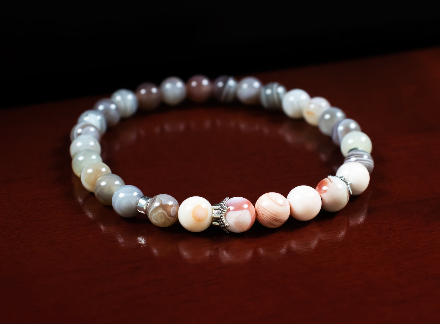 Confidence and Change Bracelet - A+ Quality Pink Botswana Agate and Brown Botswana Agate with .925 Sterling Silver/Antique Silver - 6mm