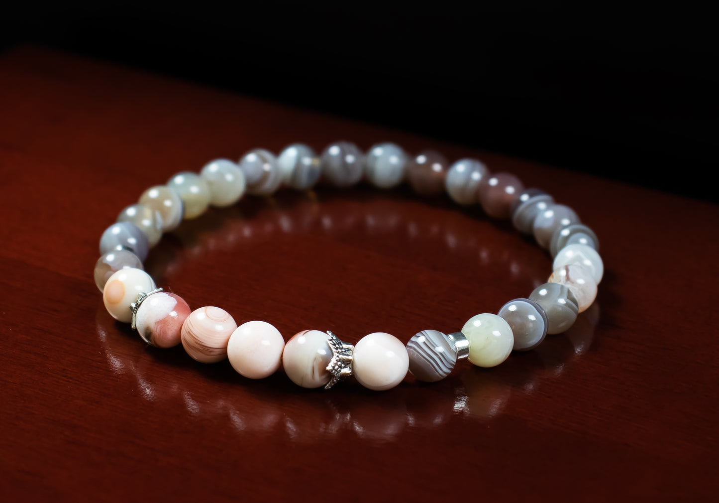 Confidence and Change Bracelet - A+ Quality Pink Botswana Agate and Brown Botswana Agate with .925 Sterling Silver/Antique Silver - 6mm