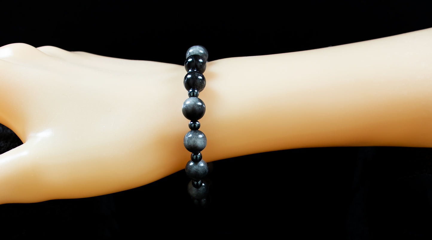 Grounding and Protection Bracelet - AAA Quality Silver Obsidian and A Quality Hematite with .925 Sterling Silver Accents