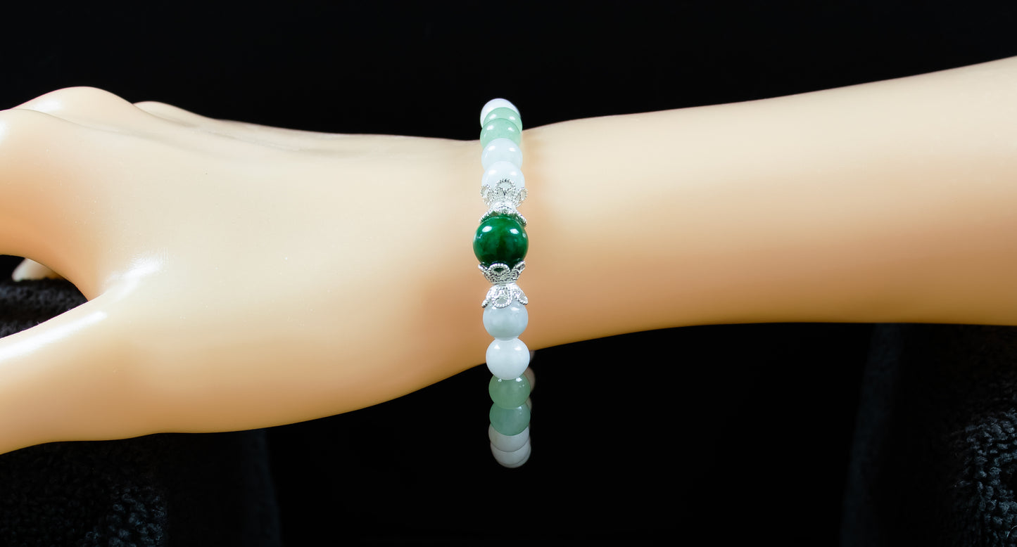 Triple Good Fortune and Confidence Bracelet - AAA African Jade, AAA Burmese Jade, and AAA Green Aventurine with .925 Sterling Silver Floral Bead