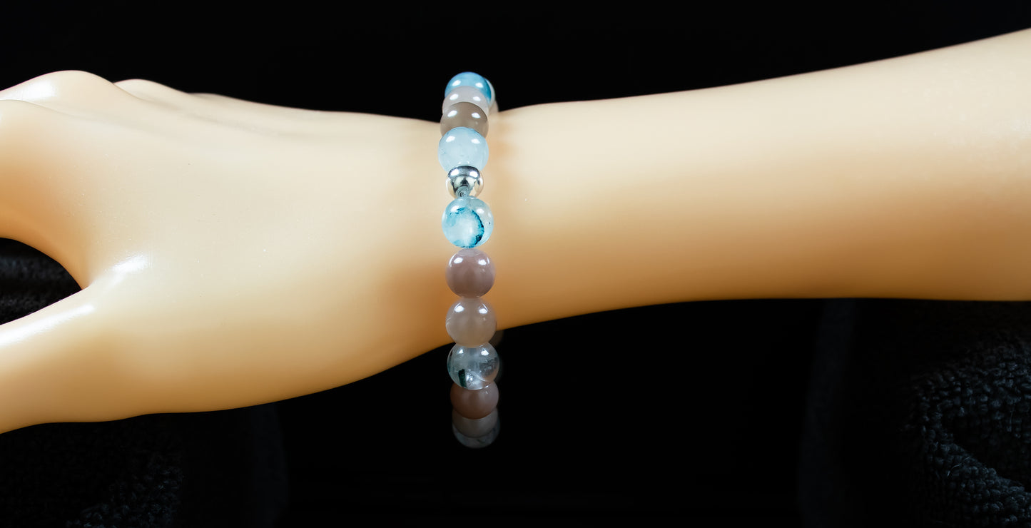 Healing, Balance, and Guidance Bracelet - AAA Quality Rare Blue Rutilated Quartz and AAA Quality Multi Colored Moonstone with .925 Sterling Silver - 8mm