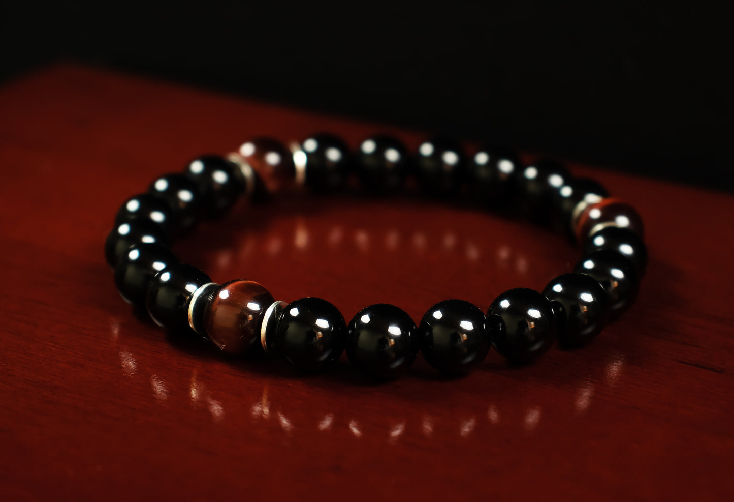 Willpower - AAA Natural Red Tiger's Eye/AAA Natural Black Onyx/.925 Sterling Silver - 8mm