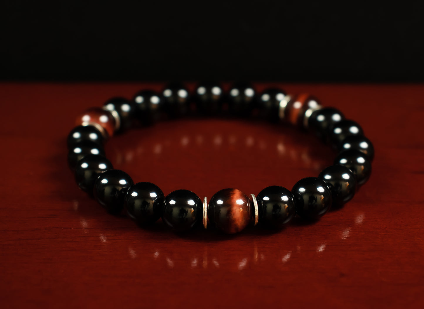 Willpower - AAA Natural Red Tiger's Eye/AAA Natural Black Onyx/.925 Sterling Silver - 8mm