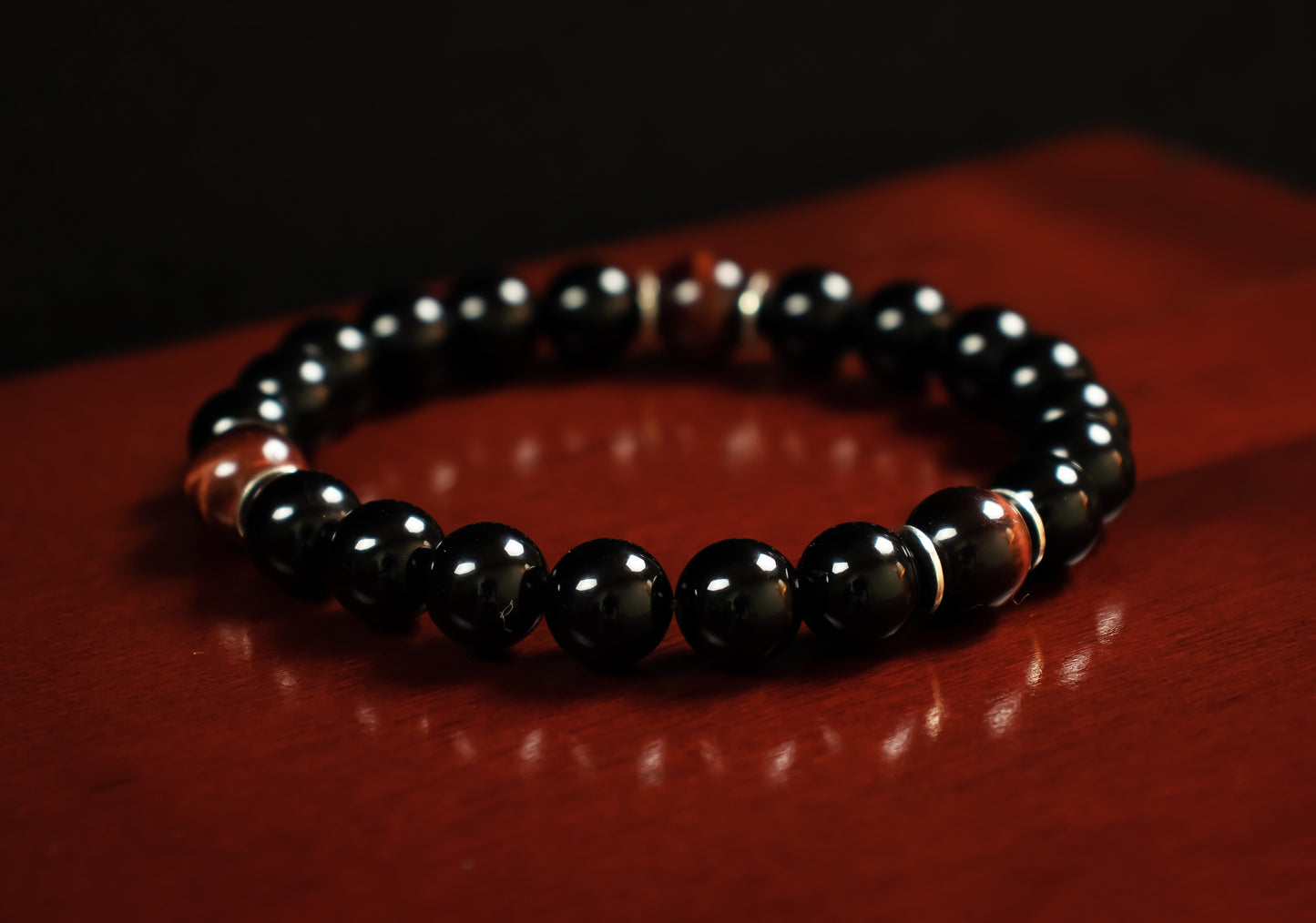 Willpower - AAA Natural Red Tiger's Eye/AAA Natural Black Onyx/.925 Sterling Silver - 8mm