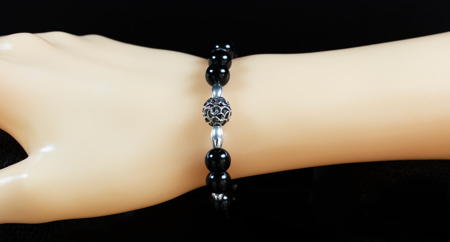 Power/Balance - AAA Quality Black Onyx/A Quality Hematite/ .925 Sterling Silver Bali Bead Center & Accent Beads - 6mm