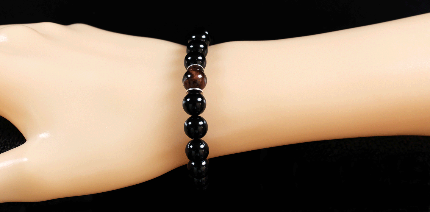 Willpower - AAA Natural Red Tiger's Eye/AAA Natural Black Onyx/.925 Sterling Silver - 8mm