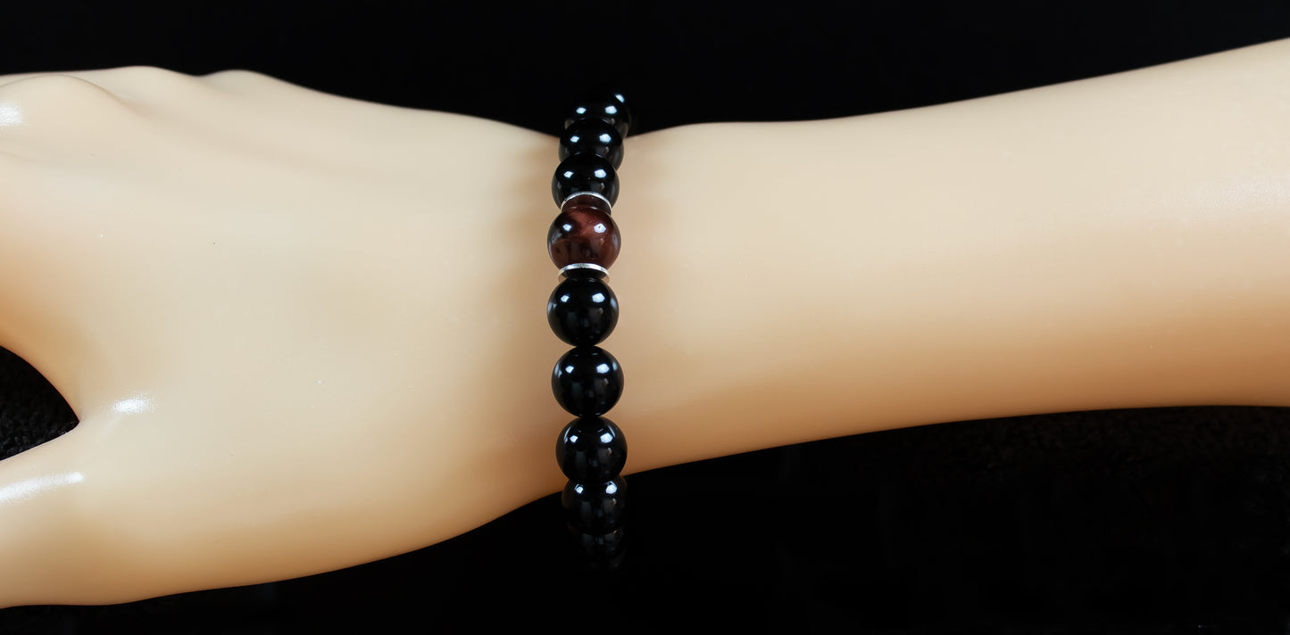 Willpower - AAA Natural Red Tiger's Eye/AAA Natural Black Onyx/.925 Sterling Silver - 8mm