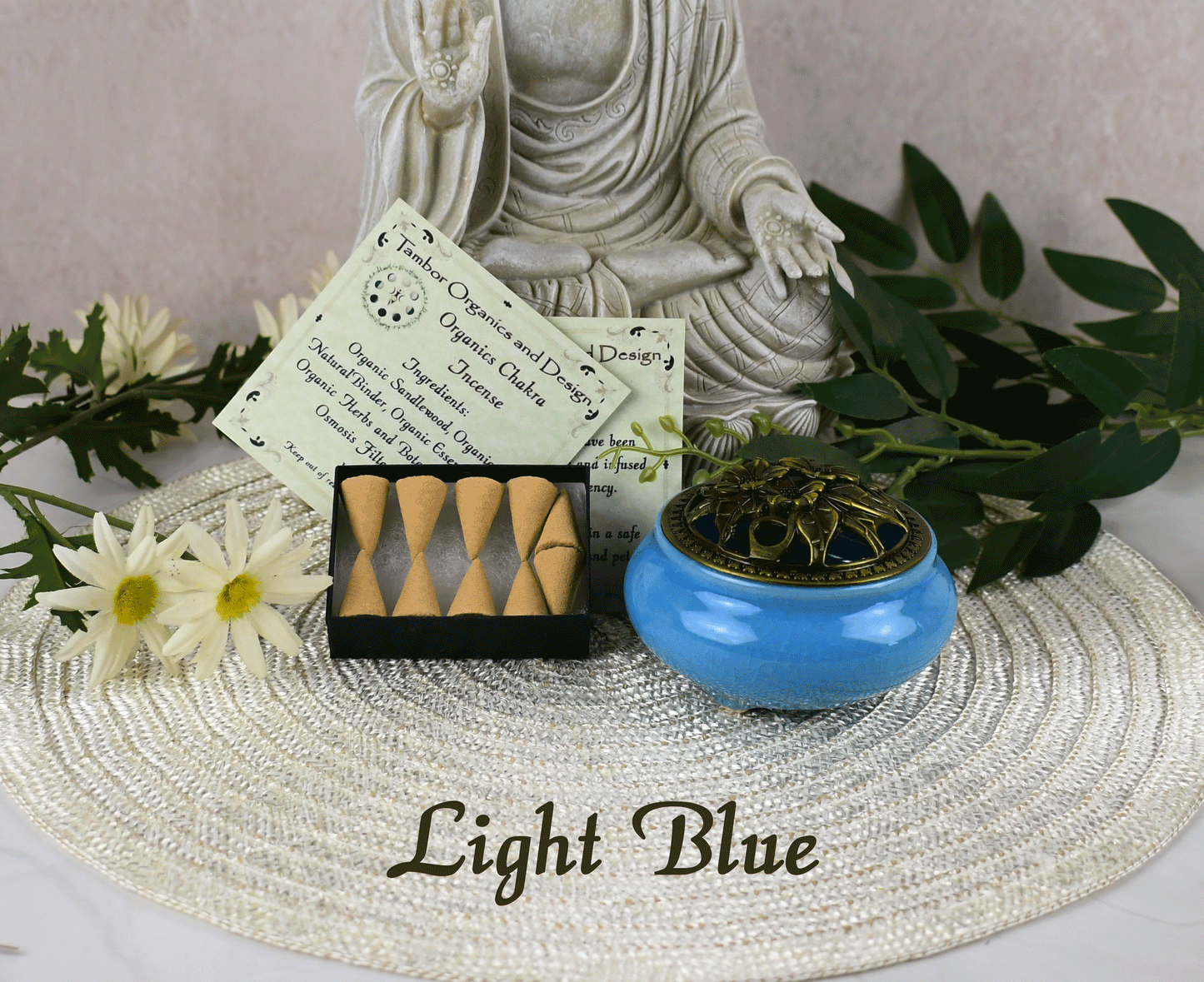 All Organic Chakra Incense Cones with Ceramic Incense Holder - Light Blue