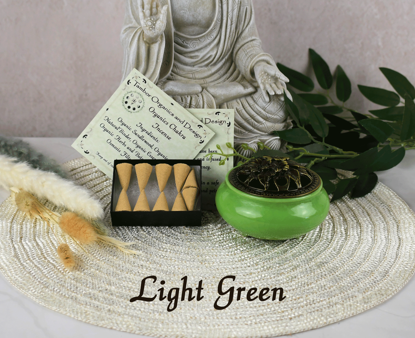 All Organic Chakra Incense Cones with Ceramic Incense Holder -Light Green