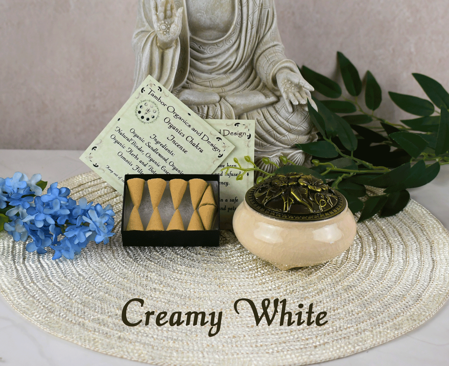 All Organic Chakra Incense Cones with Ceramic Incense Holder - Creamy White