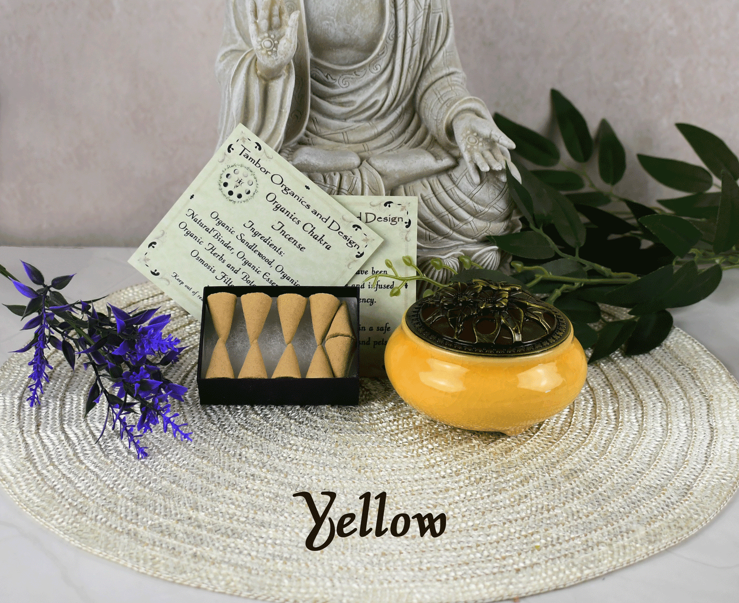 All Organic Chakra Incense Cones with Ceramic Incense Holder - Yellow