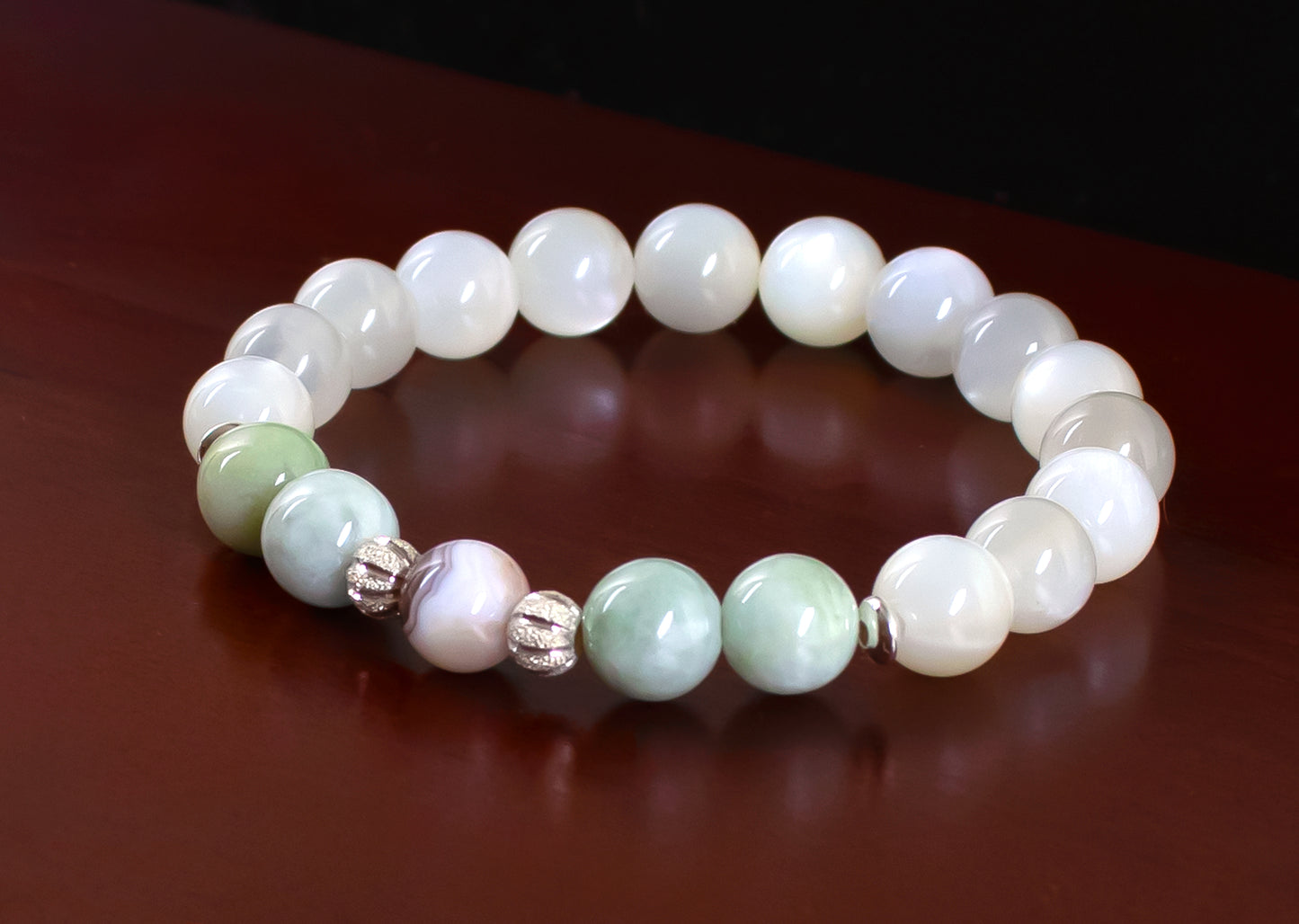 Stability/Opportunity - AAA Quality Botswana Agate/AAA Quality Burma Jade/AAA Quality White Moonstone - 8mm