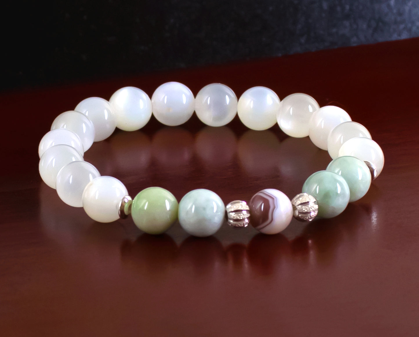 Stability/Opportunity - AAA Quality Botswana Agate/AAA Quality Burma Jade/AAA Quality White Moonstone - 8mm