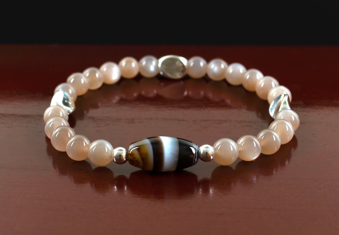 Achievement/Adaptation - AAA Quality TIBETAN Agate/AAA Quality Chocolate Peach Moonstone/.925 Sterling Silver Seed Beads