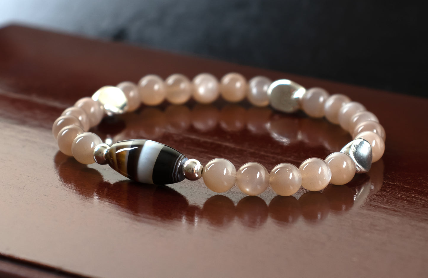 Achievement/Adaptation - AAA Quality TIBETAN Agate/AAA Quality Chocolate Peach Moonstone/.925 Sterling Silver Seed Beads