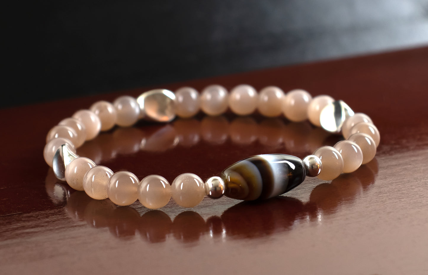 Achievement/Adaptation - AAA Quality TIBETAN Agate/AAA Quality Chocolate Peach Moonstone/.925 Sterling Silver Seed Beads