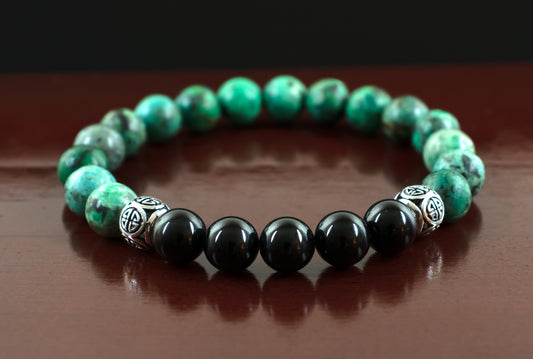 Balance/Protection - AAA Quality Green African Turquoise/AAA Quality Black Tourmaline with .925 Sterling Silver Celtic Knot Accents - 8mm