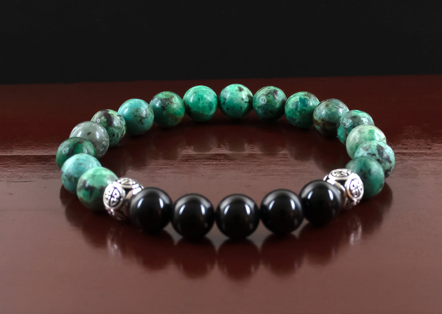 Balance/Protection - AAA Quality Green African Turquoise/AAA Quality Black Tourmaline with .925 Sterling Silver Celtic Knot Accents - 8mm