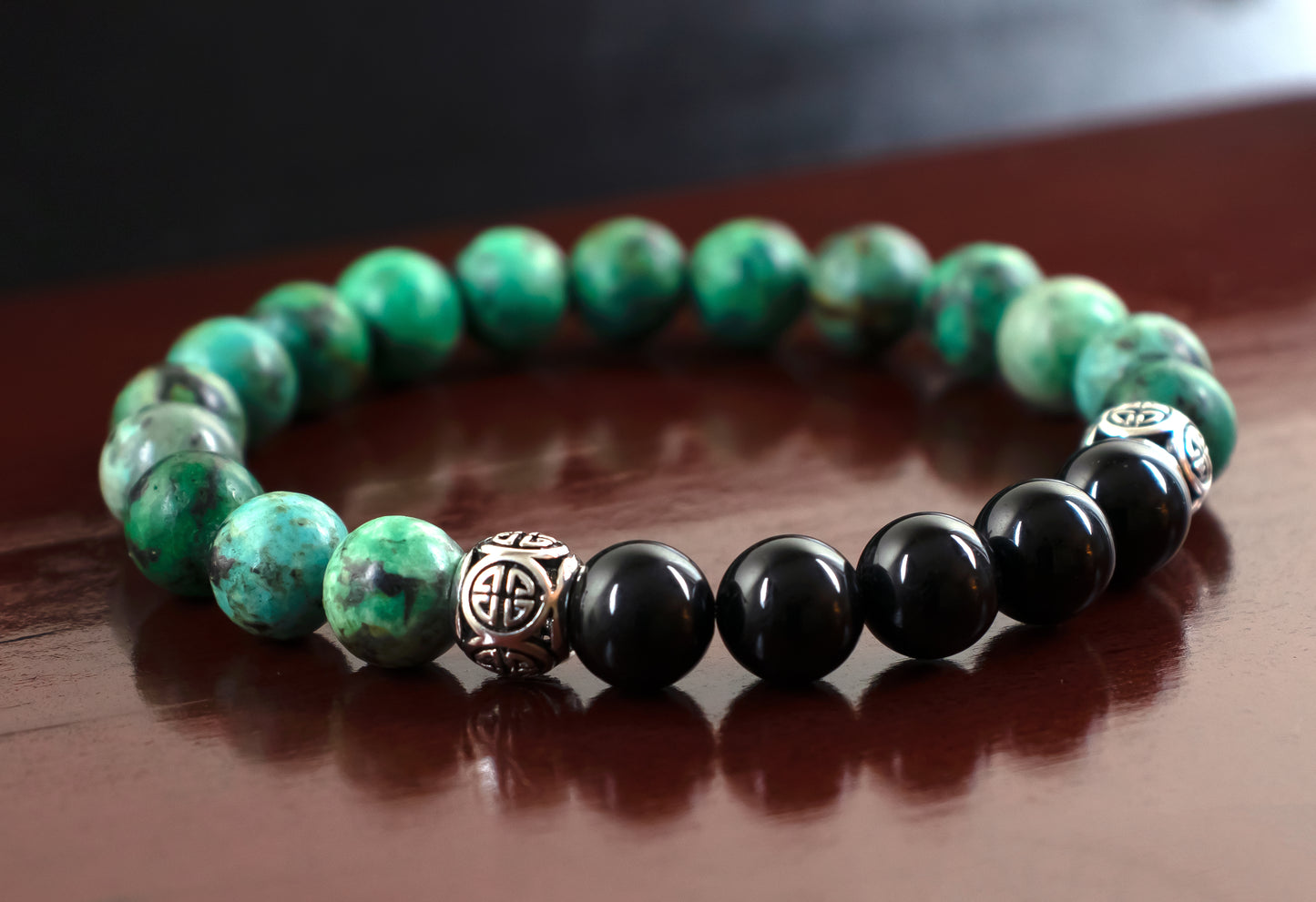 Balance/Protection - AAA Quality Green African Turquoise/AAA Quality Black Tourmaline with .925 Sterling Silver Celtic Knot Accents - 8mm