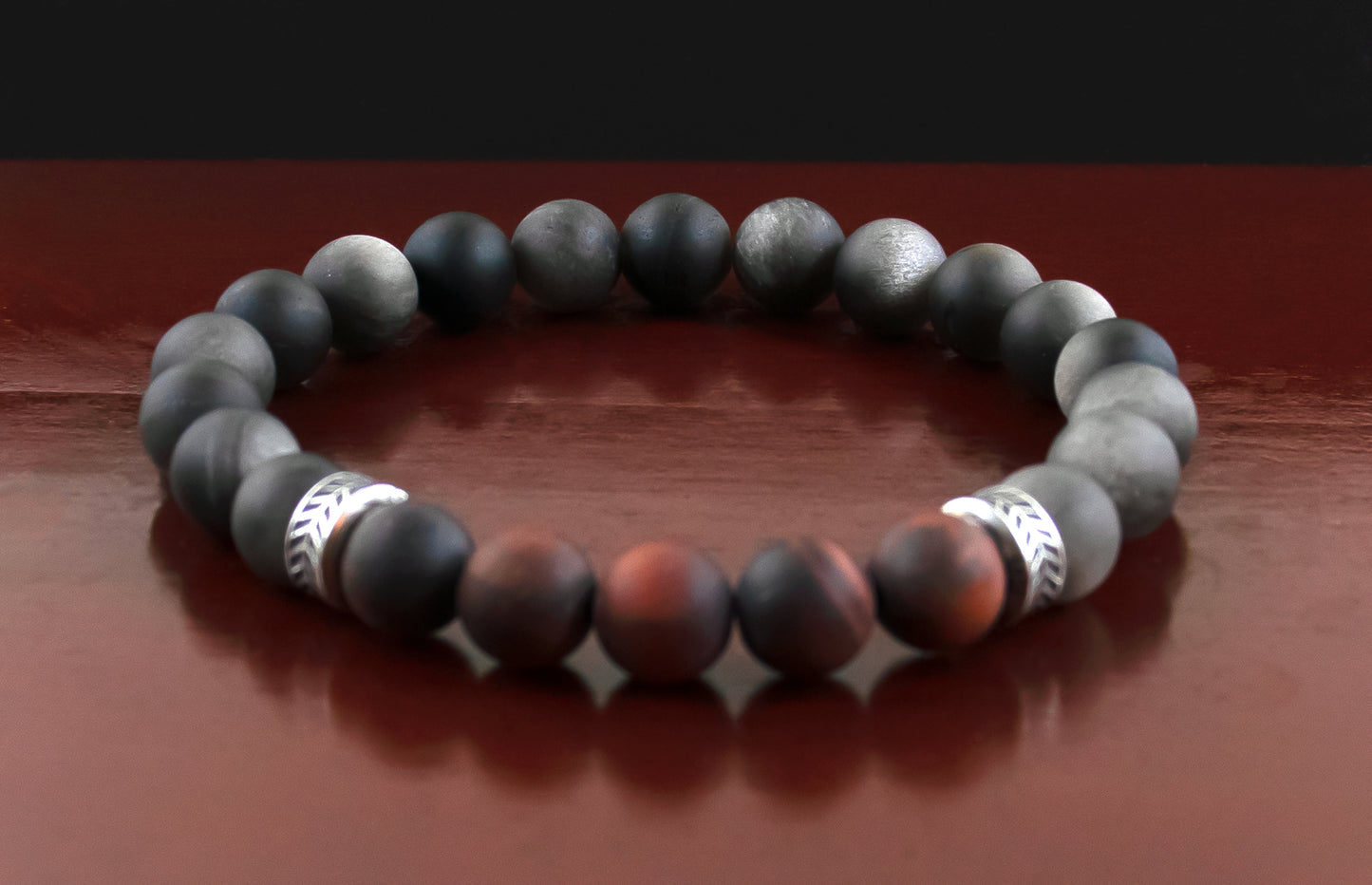 Protection/Strength - A Quality Matte Mahogany Red Tiger’s Eye/ AAA Quality Matte Silver Obsidian/.925 Sterling Silver Accents - 8mm