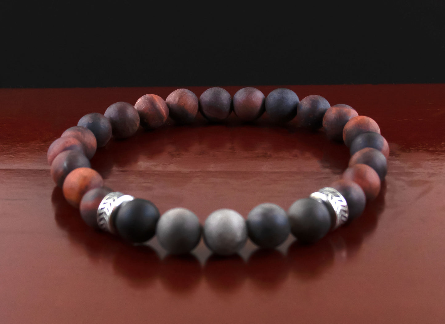 Abundance - A Quality Matte Mahogany Red Tiger’s Eye/AAA Quality Matte Silver Obsidian/.925 Sterling Silver Accents - 8mm