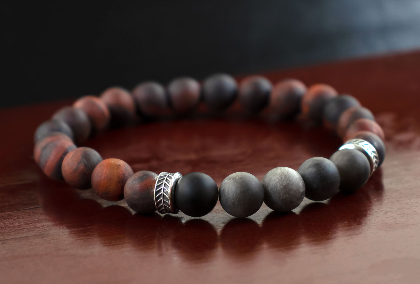 Abundance - A Quality Matte Mahogany Red Tiger’s Eye/AAA Quality Matte Silver Obsidian/.925 Sterling Silver Accents - 8mm