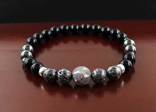 Confidence/Good Luck  - AAA Quality Gun Metal Lava/AAA Quality Black Onyx/A Quality Hematite/.925 Sterling Silver Hand Made Bali Bead - 8mm