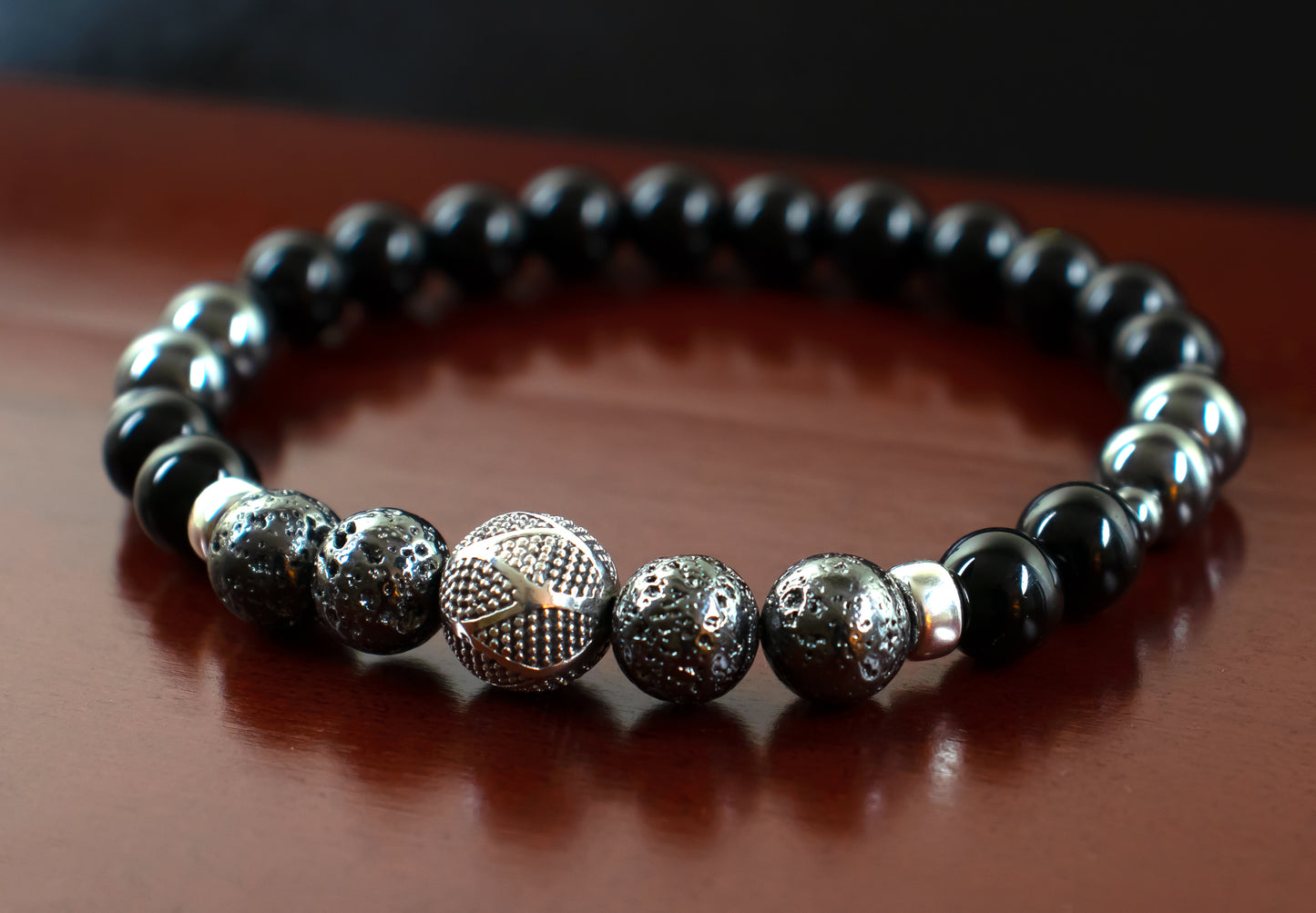 Confidence/Good Luck  - AAA Quality Gun Metal Lava/AAA Quality Black Onyx/A Quality Hematite/.925 Sterling Silver Hand Made Bali Bead - 8mm