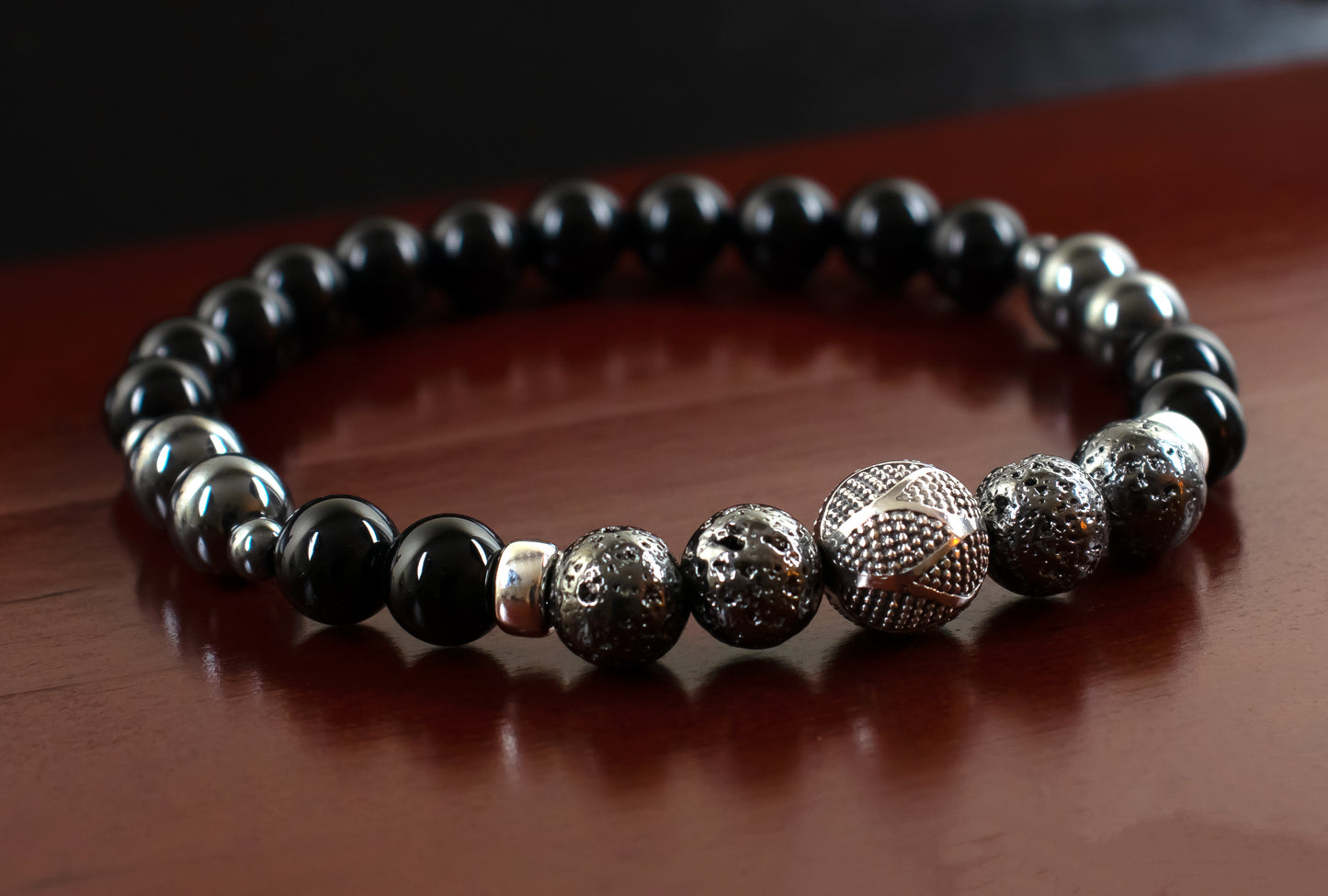 Confidence/Good Luck  - AAA Quality Gun Metal Lava/AAA Quality Black Onyx/A Quality Hematite/.925 Sterling Silver Hand Made Bali Bead - 8mm