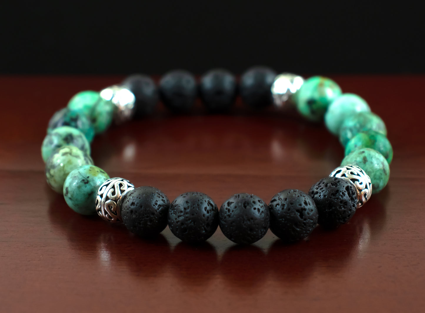 Balance - AAA Quality Natural African Turquoise/AAA Quality Natural Black Lava Stone/.925 Sterling Silver European Accent Beads - 8mm