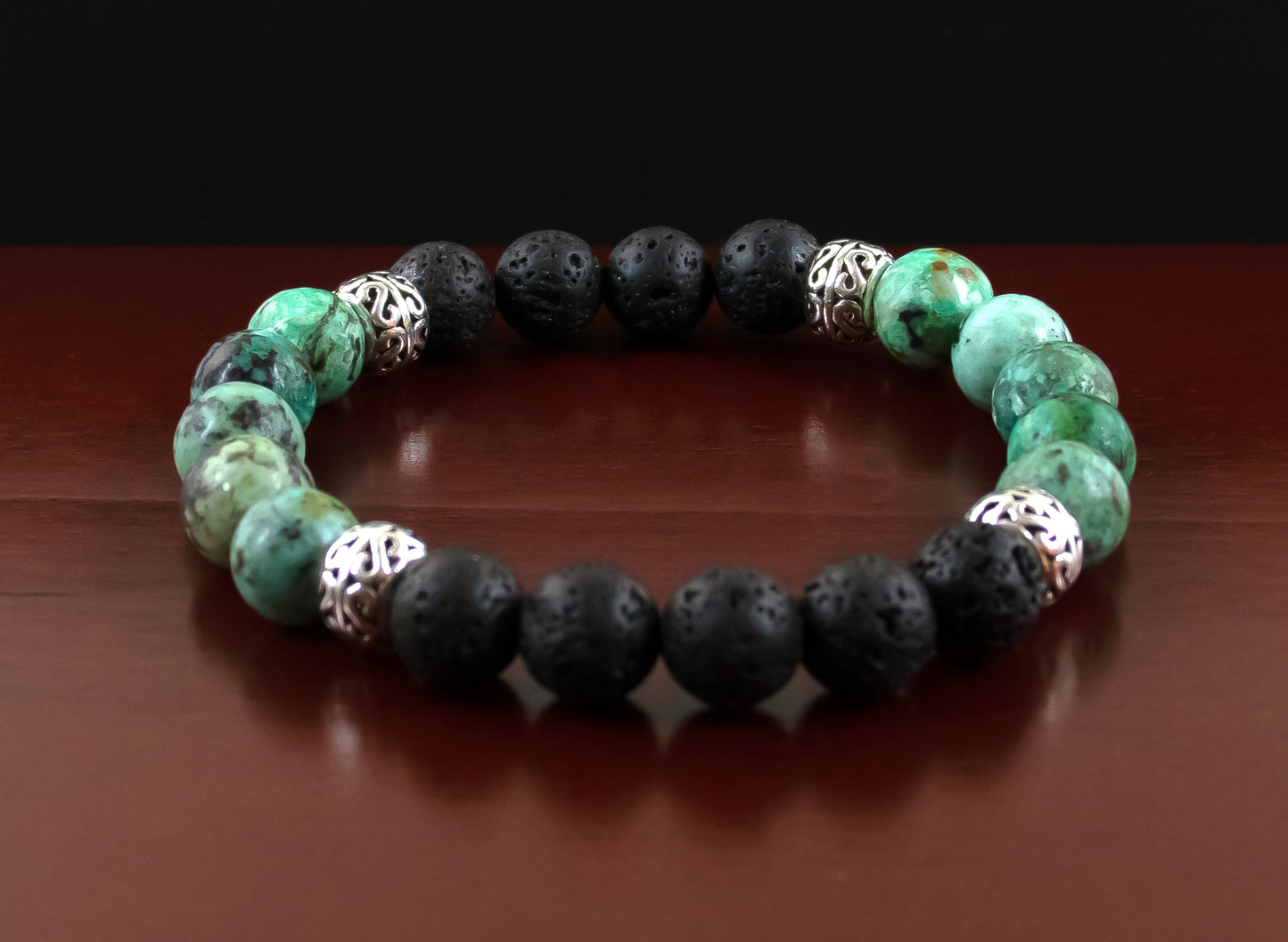 Balance - AAA Quality Natural African Turquoise/AAA Quality Natural Black Lava Stone/.925 Sterling Silver European Accent Beads - 8mm